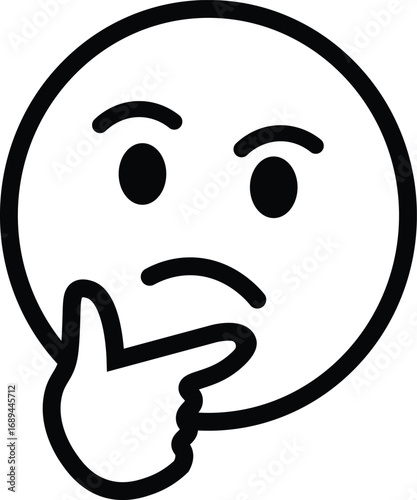 A minimalist line art icon depicting a thinking face, a vector graphic symbol for contemplation, questioning, and deep thought
