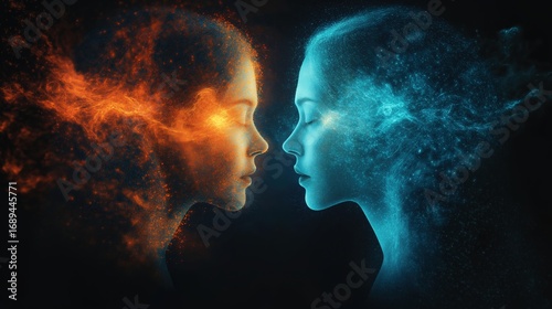 Abstract magnetic forces between two silhouettes, with glowing particles showing attraction.
