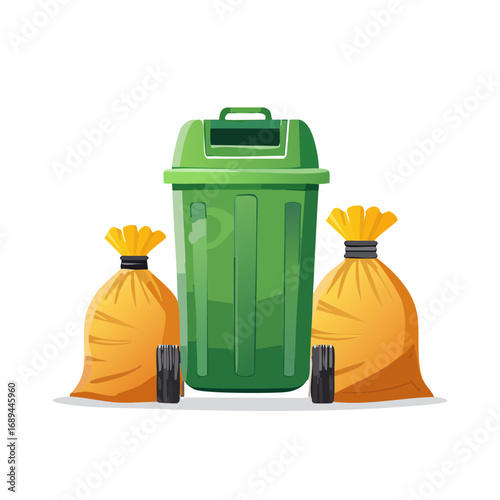 Green trash can with bags of garbage ready for collection Waste management concept  Recycling and environmental protection Sanitation