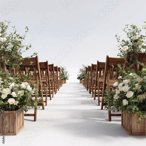 Elegant wedding ceremony setup with wooden chairs aisle decorated with white roses and greenery creating a romantic atmosphere
