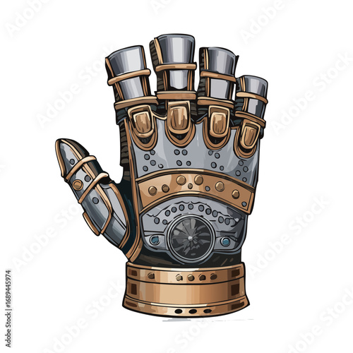 Steampunk mechanical glove illustration silver and gold detailed design on black