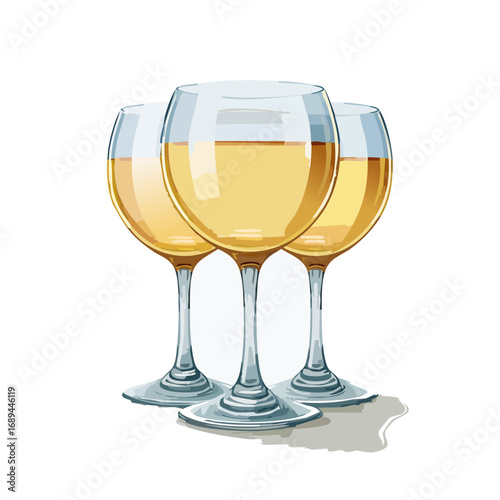 Three Wine Glasses with White Wine Illustration on Black Background