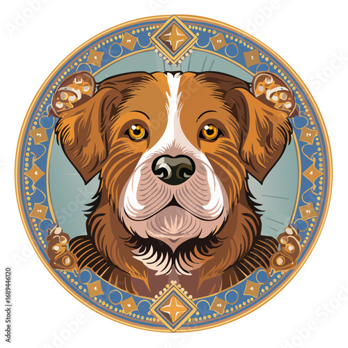 Detailed dog portrait in decorative blue and gold circular frame, stylized illustration