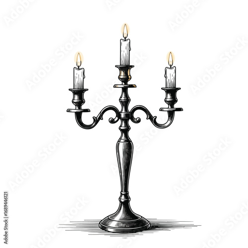 Ornate silver candelabra with three lit candles.