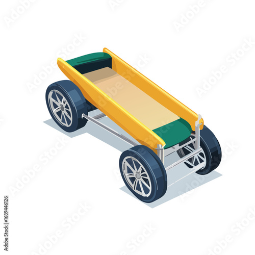 Isometric Homemade Soapbox Car Illustration on Black Background - Yellow, Blue, Green