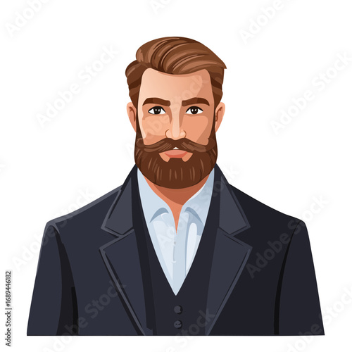 Cartoon of a bearded man wearing suit against black background illustration.