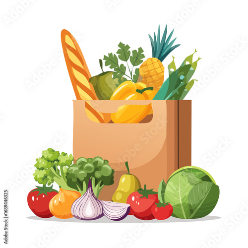 Grocery bag full of fresh vegetables and fruit illustration healthy food lifestyle