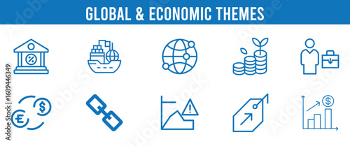 Global economic themes icons representing finance business investment and trade vector