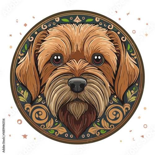 Stylized dog portrait artwork canine illustration in ornate decorative circle