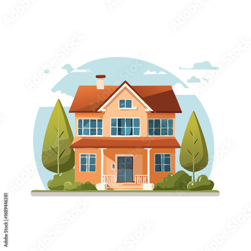 Two story family home in vector style with yard and trees suburban residence  architecture exterior homeownership property real estate