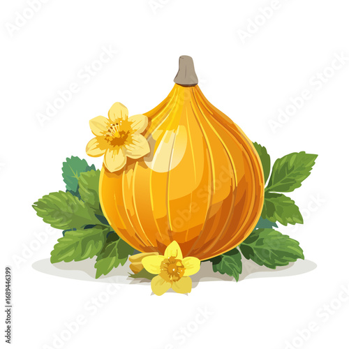 Gourds and blossoms illustration. Orange gourd graphic with floral decoration and bright green leaves.