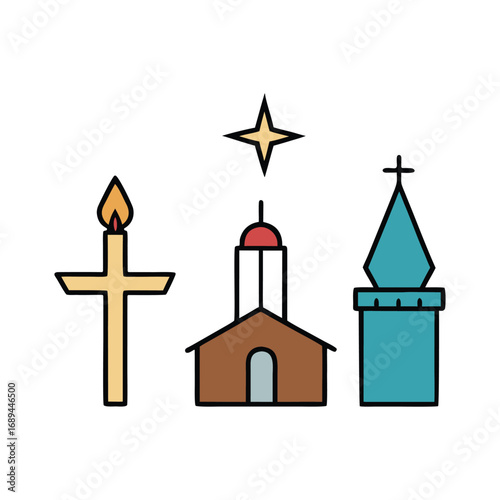Religious Christmas Cross Candle Church and Star Christian Holiday Vector illustration.