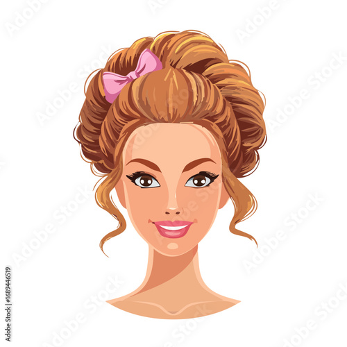 Elegant Woman Portrait with Bun Hairstyle and Pink Ribbon Illustration