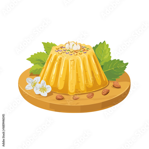 Dessert delight custard dish with toppings almonds flowers and mint leaves on wooden board vector illustration
