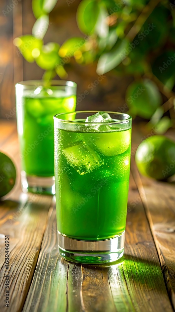 Fototapeta premium Two glasses of vibrant green iced drink on a wooden table