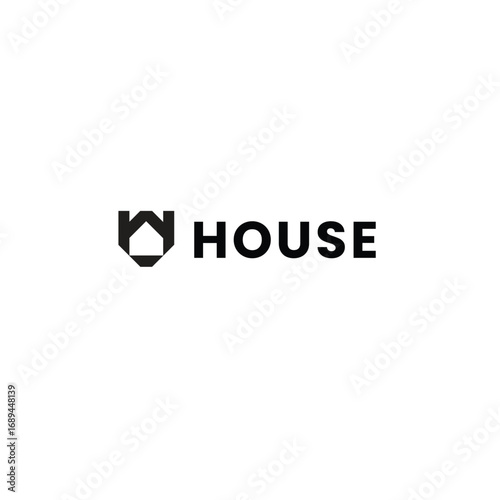 Modern minimalist logo design featuring a stylized house icon within a shield shape next to the word house