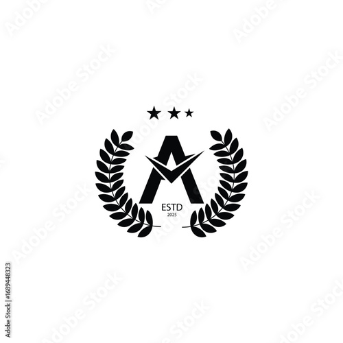 Elegant black and white laurel wreath emblem with a stylized letter a and stars