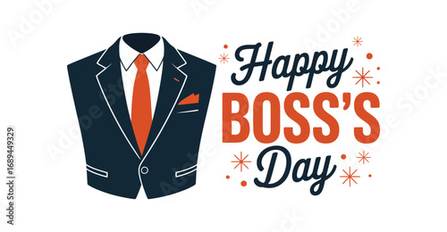 Happy Boss's Day design with orange tie and pocket square, bold typography, and festive stars—ideal for corporate greetings and appreciation