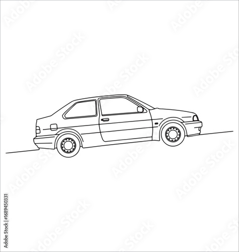 Illustration of a classic compact car in black outline on a white background automotive design and transportation concept