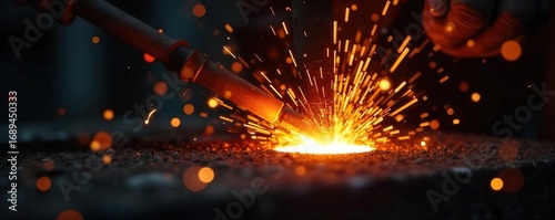 Close-up of glowing hot metal being forged, sparks flying, demonstrating intense heat transfer and thermal energy , light, hammer