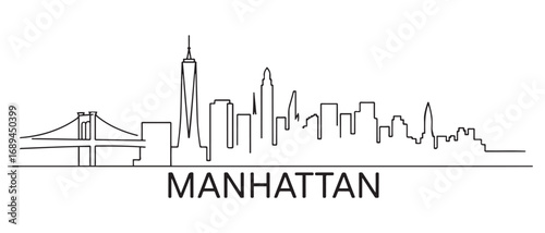 Manhattan Line Art skyline horizontal banner. Black Manhattan, NYC. Vector template for your design. with white background