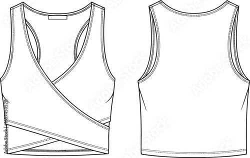 Sports wrap crop tank top front and back, technical fashion sketch, seamless lines, garment drawing, cad drawing flat vector illustration