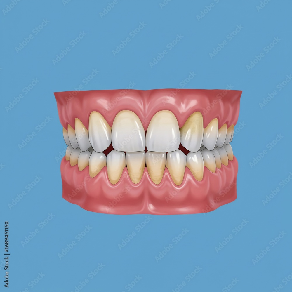 Obraz premium Close up of realistic human teeth and gums in a dental model against a solid blue background