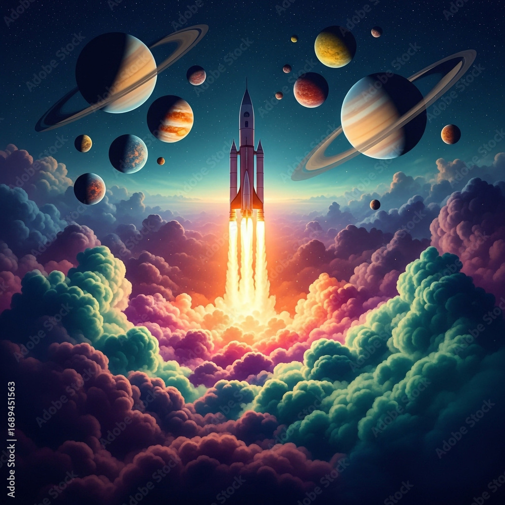 Fototapeta premium Dynamic rocket launch ignites vibrant cosmos with planets and swirling nebula clouds