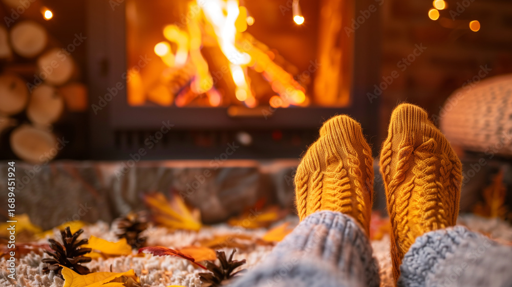 © Amata Lynner - Close view of feet in mustard cable‑knit socks relaxing on a rug by a glowing fireplace. Pinecones and fallen leaves add seasonal texture for hygge and comfort themes. © Amata Lynner - Close view of feet in mustard cable‑knit socks relaxing on a rug by a glowing fireplace. Pinecones and fallen leaves add seasonal texture for hygge and comfort themes.