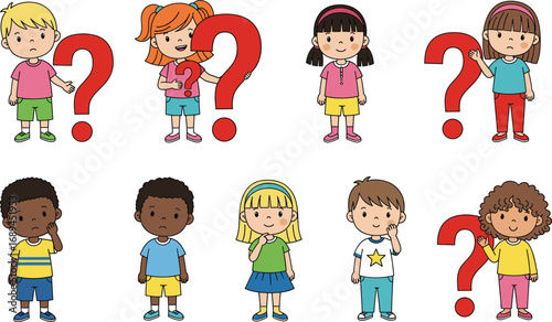 Cartoon children with question marks expressing curiosity and confusion, diverse kids in rows, educational concept for problem solving illustration