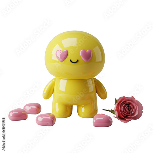 Yellow glossy ceramic figurine, pink heart eyes, happy smile, surrounded by pink hearts, rose petal, confetti, on seamless transparent, precise 45-degree product display concept