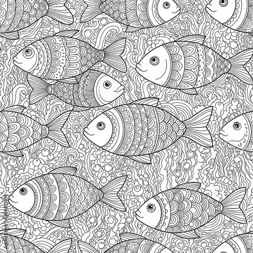 Intricate black and white fish pattern with detailed ornamental designs, creating a captivating underwater scene.