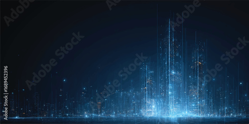 Futuristic digital city with glowing blue lights and intricate network connections creating a modern cityscape illustration