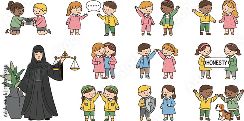 Children demonstrating moral values like honesty, sharing, justice, and friendship in cartoon vector illustration for social education and character development
