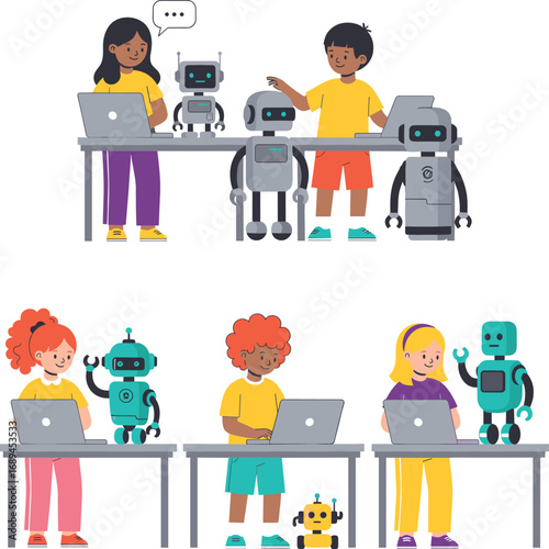 Children interacting with robots in classroom setting, STEM education vector illustration promoting technology learning, coding, and hands-on robotics activities