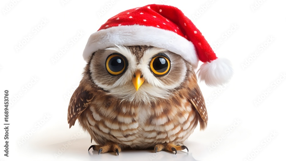 Obraz premium Small cute owl with big eyes wearing a red santa hat, isolated on white background