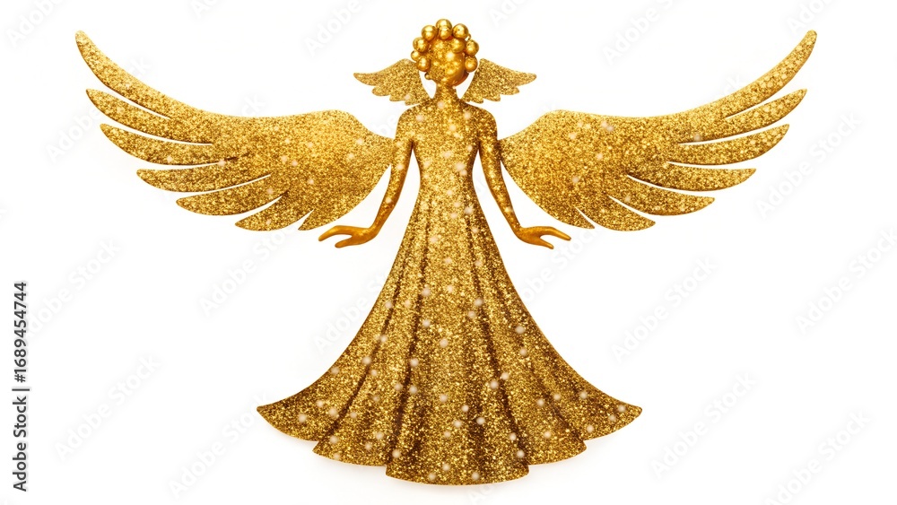 Fototapeta premium A glittering golden angel figurine with outstretched wings, isolated on a white background