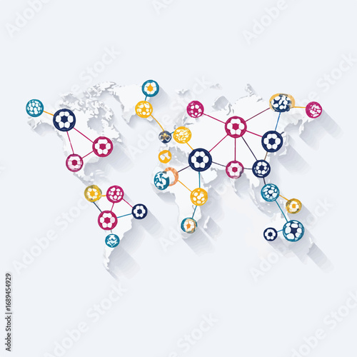 Global soccer network connecting countries worldwide on a world map for international football representation