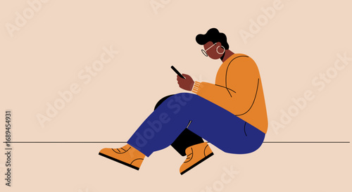 Stylized illustration of a person sitting casually, deeply engaged with their smartphone. Represents digital communication, online leisure, and modern connectivity.