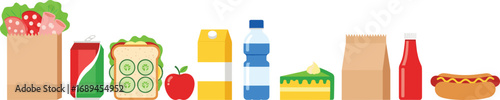 Colorful food and drink items including vegetables, snacks, beverages, and lunch essentials, vector illustration for nutrition, meal and picnic concept