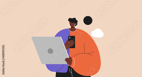 Modern person efficiently multitasking with a laptop and smartphone, illustrating digital work, remote productivity, and global connectivity for business and lifestyle.