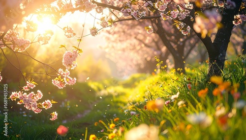 Create a serene spring orchard scene filled with cherry blossoms, golden sunlight, and a winding floral path that evokes peace and renewal.