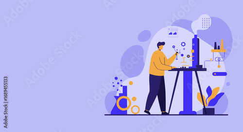 Professional researcher conducts an experiment in a modern laboratory, symbolizing scientific innovation, technological development, and data analysis.