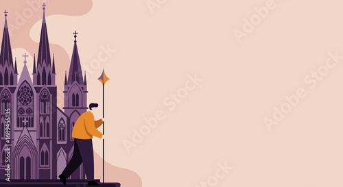 Man holding a staff walks past a grand gothic cathedral with spires, symbolizing a spiritual journey or pilgrimage, exploring faith and historical architecture.