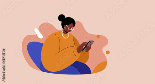A stylish woman uses her smartphone, engaging with technology for communication, social media, or online tasks. Ideal for lifestyle, business, and digital concepts.