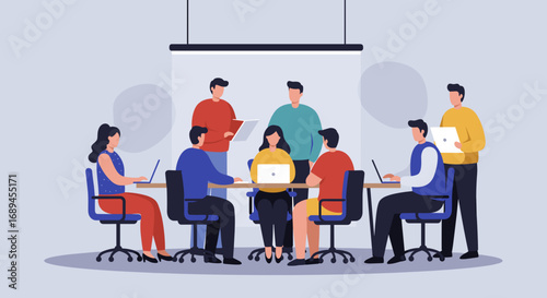Diverse business team collaborates in a modern office meeting, utilizing laptops for project discussions. Represents teamwork, innovation, and corporate strategy.