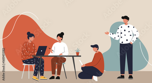 Diverse team collaborating in a modern office space, discussing ideas and working together. Ideal for business, startup, and remote work concepts.
