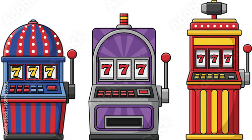 Colorful slot machines with winning 777 jackpot combination, casino gambling vector illustration, lucky symbols for gaming and entertainment design