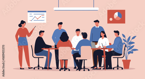 Diverse business team collaborating in a modern office meeting, discussing data and strategy for growth. Ideal for corporate communication and teamwork concepts.