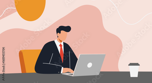 Professional businessman in a suit diligently working on a laptop at his desk. Captures remote work, productivity, and modern business concepts.
